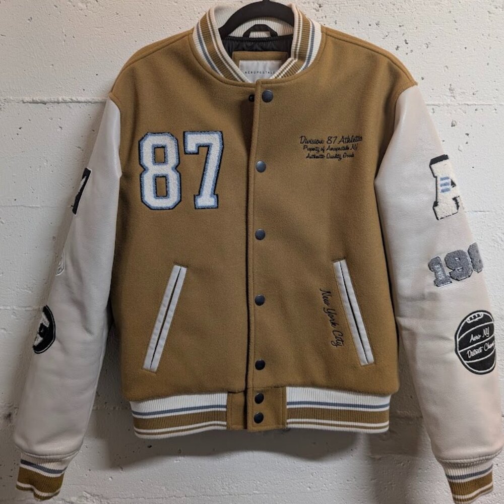 AEROPOSTALE Aero 87 Varsity Bomber Jacket Tan/Cream Size XS